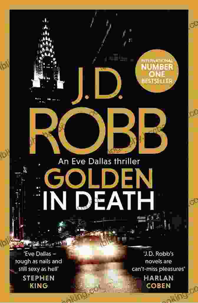Golden In Death Book Cover Featuring A Woman With A Gun In A Futuristic Cityscape Golden In Death: An Eve Dallas Novel